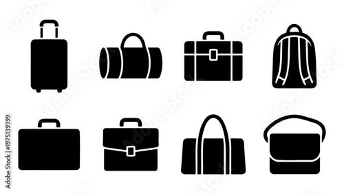 Minimalist luggage icon set, black solid travel bag symbols, collection of 8 vector silhouettes for tourism and business trips