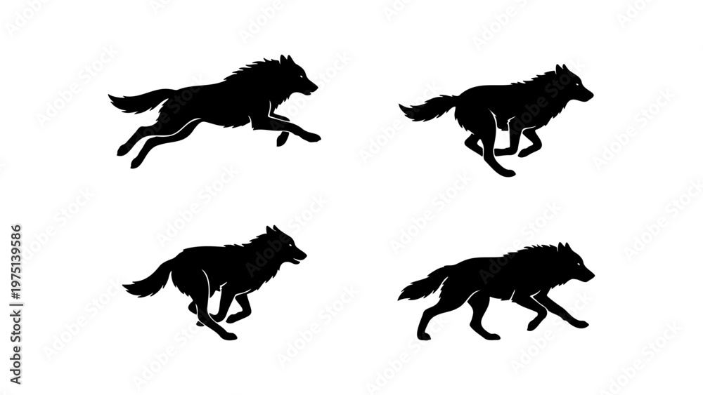 Fototapeta premium Black wolf silhouette set, running wild wolf vector illustrations, 4 predatory animal silhouettes in motion, isolated canine predator icons