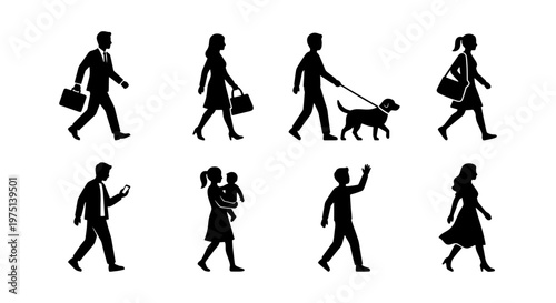 Black silhouette people walking set, diverse pedestrian figures in motion, casual and business people silhouettes for urban architectural rendering