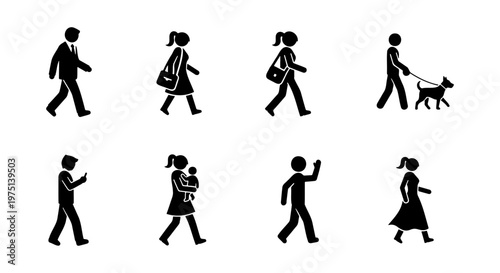 Walking people silhouette icons set, black stick figure pedestrians in motion, 8 diverse urban lifestyle vector elements for city navigation maps