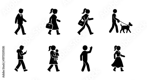 Minimalist walking people silhouettes set, diverse pedestrian stick figures in motion, black and white human activity icons for urban wayfinding