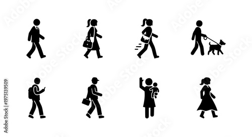 Black silhouette walking people icons, set of 8 pedestrian stick figures in motion, diverse urban commuters and pedestrians walking vector