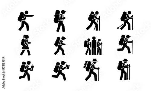 Tableau sur toile Hiking stick figure icons set, 12 backpacker silhouette vector elements, trekkin