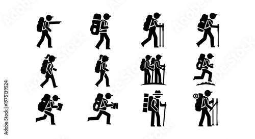 Hiking and backpacking stick figure icons, set of 12 trekking silhouettes, black and white outdoor adventure pictograms for camping and mountaineering
