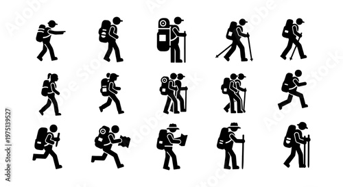 Hiking and backpacking icon set, 15 black silhouette vector elements of trekkers with backpacks, outdoor adventure and mountain climbing people