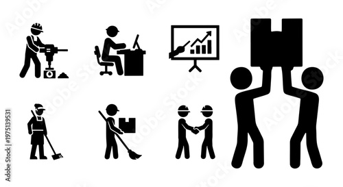 Industrial worker pictograms and business people icons, set of 7 black vector silhouettes, professional labor and office staff symbols