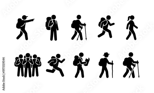 Foto Hiking and trekking stick figure icons, set of 10 backpacker silhouettes, outdoo