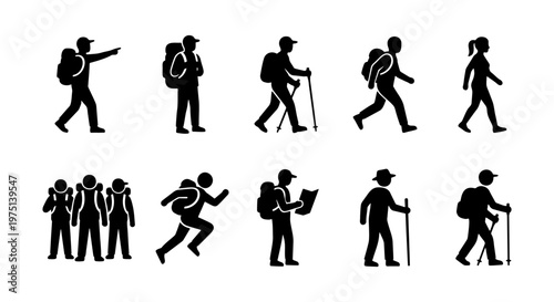Hiking silhouette icons set, backpacker and trekker stick figures, 10 outdoor adventure people symbols, walking and climbing mountaineer vector