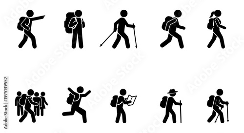 Hiking and trekking stick figure icons, set of 10 backpacker pictograms, outdoor adventure and mountaineering symbols for travel maps