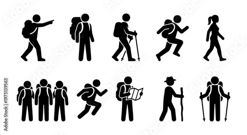 Hiking and trekking stick figure icons, set of 10 backpacker silhouettes, outdoor adventure and mountaineering symbols for travel maps and signage