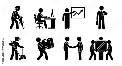 Professional business and industrial stick figure icons, set of 8 black pictograms showing workers, office employees and manual labor activities