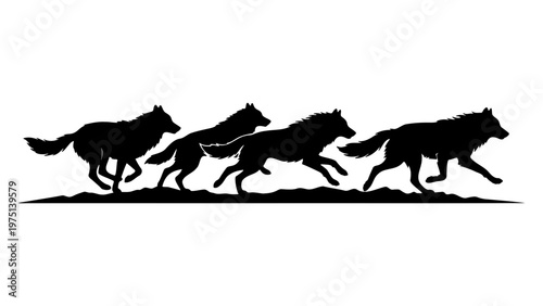 Running wolf pack silhouette vector, black wolves galloping in a row, wild animal group hunting on horizon, predatory canine wildlife illustration