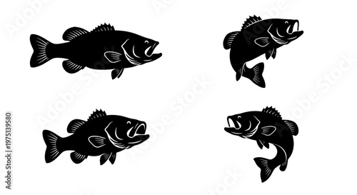 Vintage largemouth bass fish silhouettes, set of 4 fishing vector icons, black and white freshwater bass jumping and swimming graphics for logos