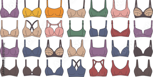 Colorful collection of bra designs in rows bras lingerie