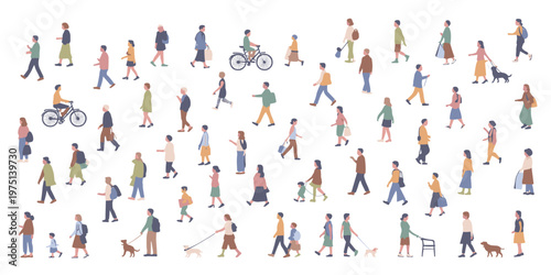 Diverse crowd of people walking in various poses and activities