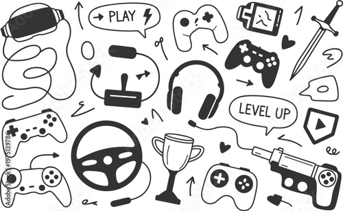 Gaming Doodle Collection With Controllers And Accessories