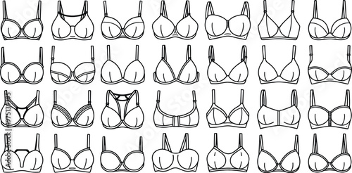 Grid of diverse bra designs in black and white outline