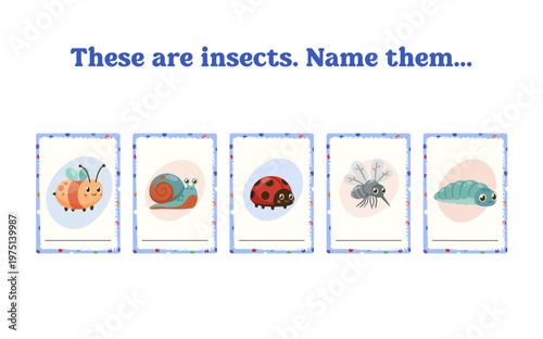 Cute insects and garden bugs write the name cards. Educational worksheet set for kids nursery decor