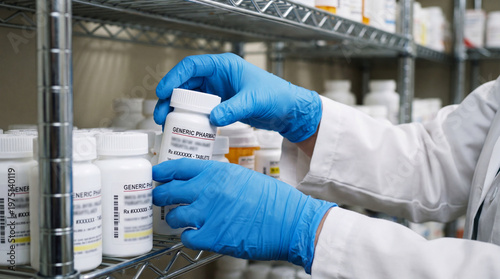 Quadro su tela A pharmacist or lab technician in blue gloves handling a generic pharmacy pill b