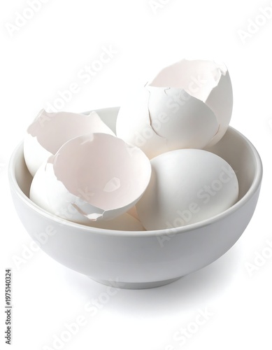 A white ceramic bowl overflowing with pristine white eggshells and several unbroken eggs against a clean background