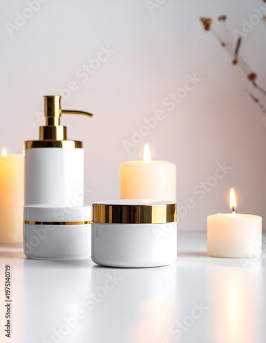 A white ceramic soap dispenser, jar and three lit candles in soft focus against a neutral background. The containers have gold trim