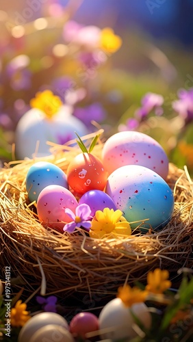 A vibrant, sunny scene depicts a cozy nest filled with colorful, speckled eggs, nestled among spring flowers in a lush field