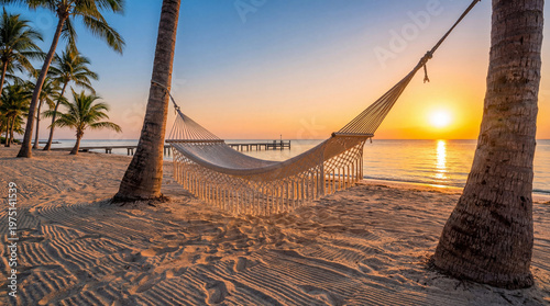 Bild auf Leinwand A serene beach scene with a hammock between two palm trees at sunset on a tropic