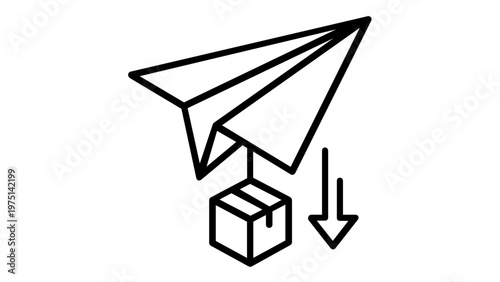 Airdrop line icon vector illustration featuring a paper plane carrying a package box with a downward arrow, symbolizing cryptocurrency distribution, digital delivery, and fintech logistics.