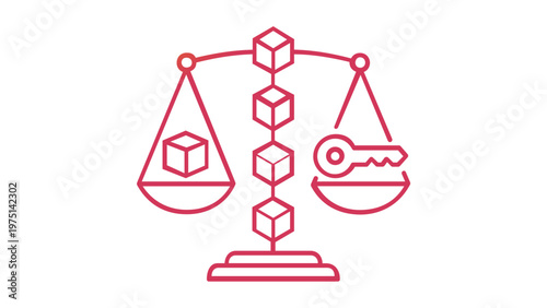 Blockchain technology vector icon illustration of a balance scale with a data block and security key, representing crypto mining, decentralized finance, fintech, and digital asset security.