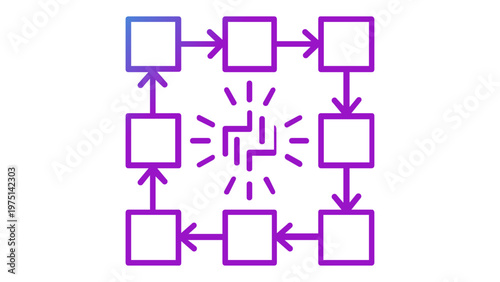 Blockchain technology and NFT token line icon vector illustration featuring a central digital asset symbol surrounded by interconnected data blocks in a blue and purple gradient flat design.