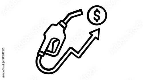 Vector icon illustration of a gas pump nozzle with an upward rising arrow and dollar sign coin, representing increasing fuel prices, energy inflation, and rising costs of gasoline and oil.