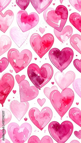 A vibrant watercolor pattern of various-sized hearts in shades of pink, from light to deep magenta, creating a romantic backdrop