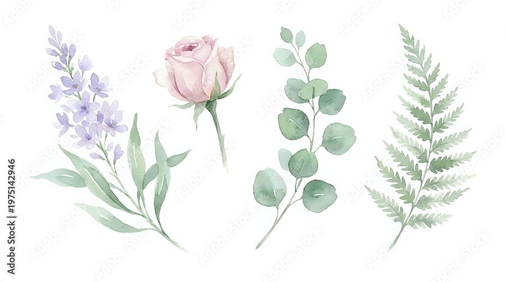 Fototapeta premium Watercolor botanical elements set with lavender, pink rose, eucalyptus and fern isolated on white background for wedding invitations and floral designs.