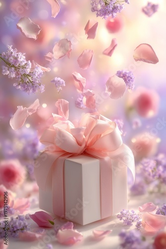 Minimal gift box surrounded by pink petals, symbol of attention, love, elegance, and joyful spring holiday mood