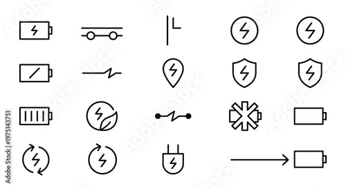 Maximum ultra-simplified electric mobility web icons in line art style. Symbols of EV charging, battery power, and sustainable transport. Clean black and white vector art for smart city apps, fleet ma