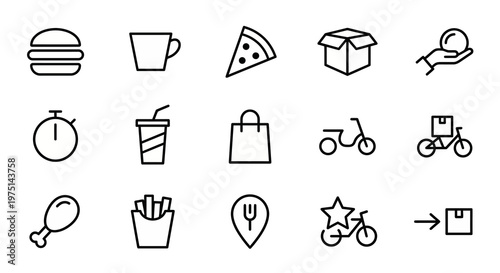Maximum ultra-simplified fast food and delivery web icons in line art style. Symbols of takeout, quick meals, and logistics. Clean black and white vector illustration with editable strokes for deliver