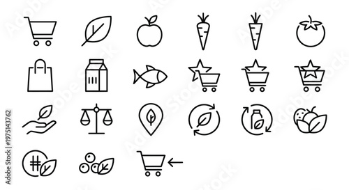 Maximum ultra-simplified grocery and fresh market web icons in line art style. Symbols of fresh produce, shopping, and organic food. Clean black and white vector illustration with editable strokes for