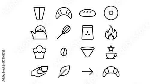 Maximum ultra-simplified bakery and coffee shop web icons in line art style. Symbols of coffee, fresh pastries, and baking tools. Clean black and white vector illustration with editable strokes for co