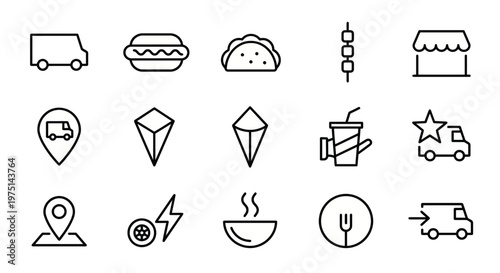 Maximum ultra-simplified street food and food truck web icons in line art style. Symbols of mobile dining, quick snacks, and urban food culture. Clean black and white vector illustration with editable