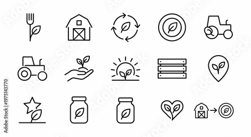 Maximum ultra-simplified farm-to-table web icons in line art style. Symbols of sustainable dining, local ingredients, and organic sourcing. Clean black and white vector illustration with editable stro
