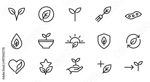 Maximum ultra-simplified vegan and plant-based web icons in line art style. Symbols of plant power, organic ingredients, and cruelty-free dining. Clean black and white vector illustration with editabl