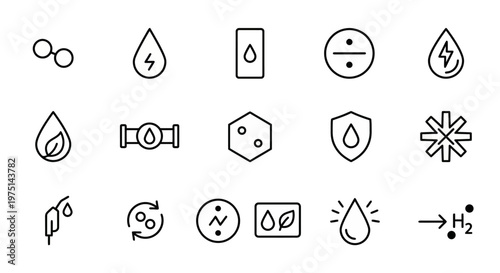 Maximum ultra-simplified green hydrogen web icons in line art style. Symbols of H2 molecules, water electrolysis, and clean fuel storage. Clean black and white vector art for energy transition dashboa