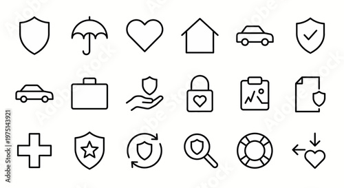 Ícones web de seguros e gestão de riscos ultra-simplificados em estilo line art. Símbolos de proteção patrimonial, saúde, vida e conformidade. Arte vetorial limpa em preto e branco para plataformas de