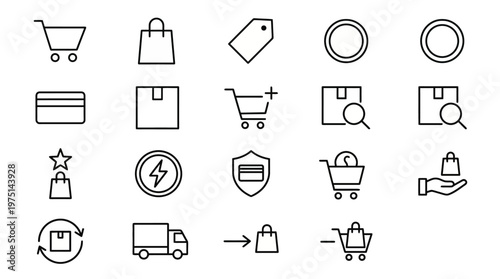 Ícones web de e-commerce e carrinho de compras ultra-simplificados em estilo line art. Símbolos de varejo digital, pagamentos e logística de pedidos. Arte vetorial limpa em preto e branco para lojas o