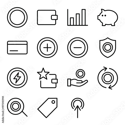 Ícones web de finanças pessoais e fintech ultra-simplificados em estilo line art. Símbolos de economia digital, gestão de orçamento e pagamentos rápidos. Arte vetorial limpa em preto e branco para apl