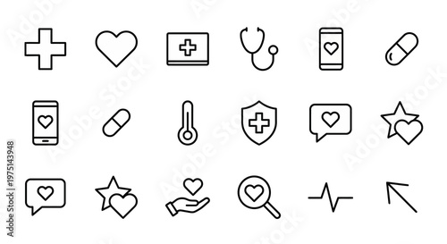 Ícones web de saúde digital e telemedicina ultra-simplificados em estilo line art. Símbolos de atendimento médico remoto, bem-estar e monitoramento de saúde. Arte vetorial limpa em preto e branco para