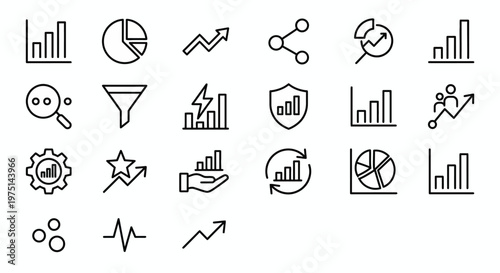 Ultra-simplified web icons for data analytics and BI in line art style. Symbols for business intelligence, market trends, and metrics analysis. Clean black and white vector art for analytical dashboar