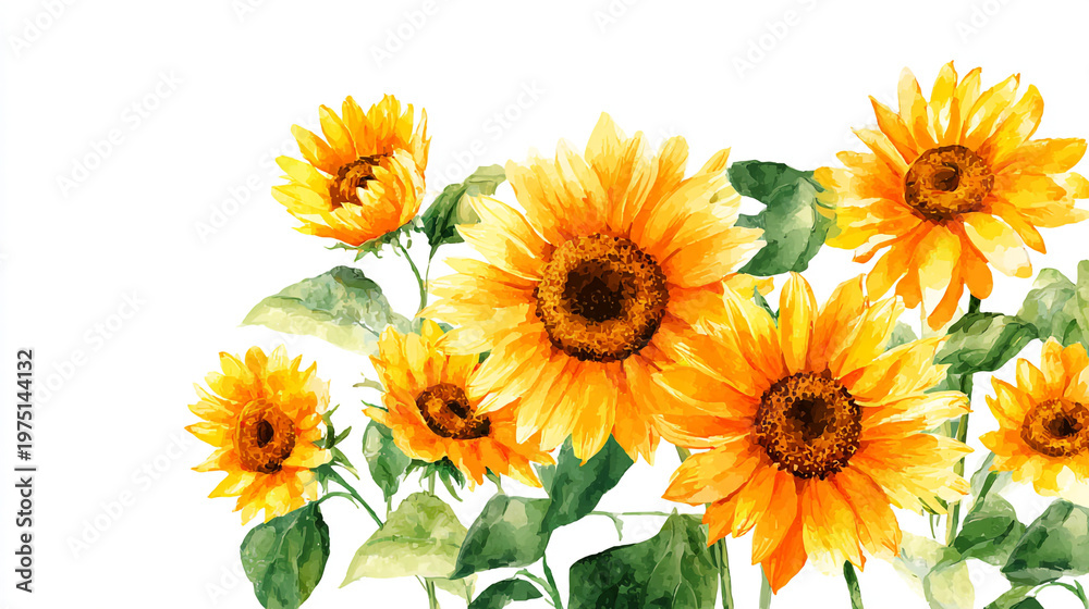 Naklejka premium watercolor botanical Sunflower flowers texture template background.Elegant wedding invitation card background . Minimal hand painted Design for wedding or Valentine's Day