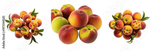Set of Fresh Ripe Peaches with Green Leaves Isolated PNG