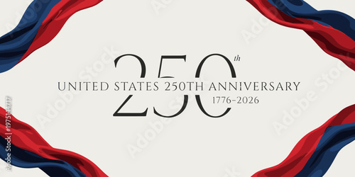 Abstract red and blue fabric waves frame with celebratory text - 250th anniversary of the USA